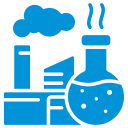 Blue chemical plant icon with flask and smokestack