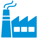 Blue factory icon with smoking chimney
