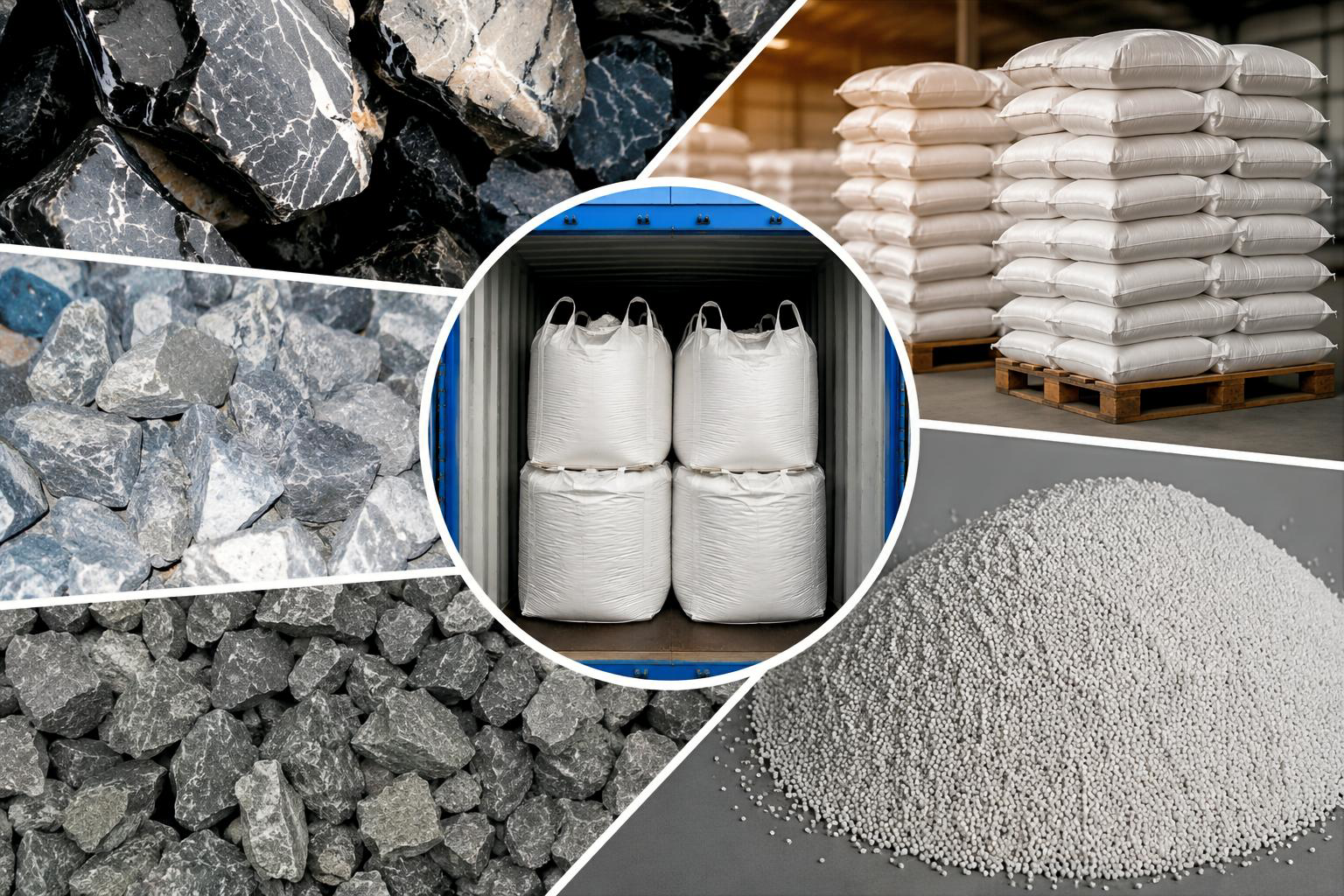 Various bulk materials: gravel, pellets, sacks