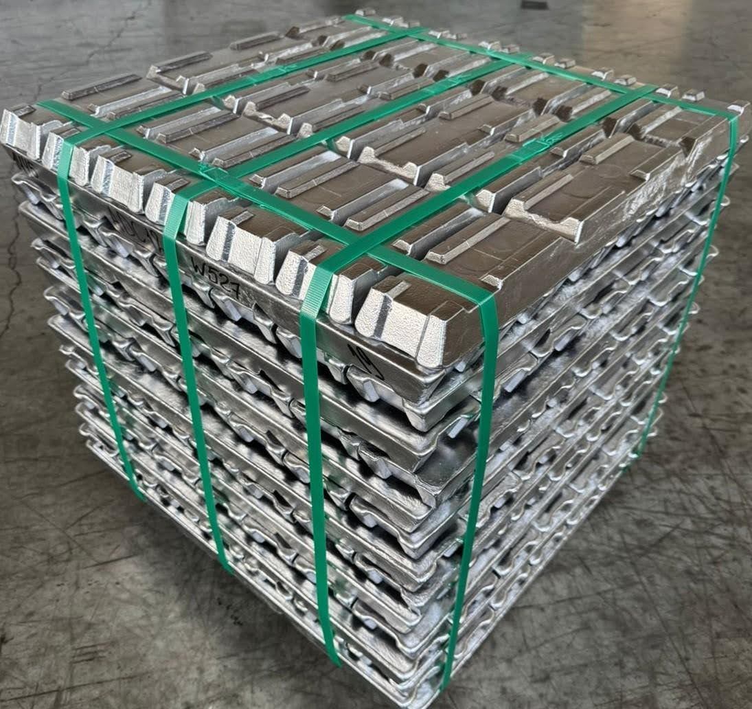 Stack of aluminum ingots strapped on pallet